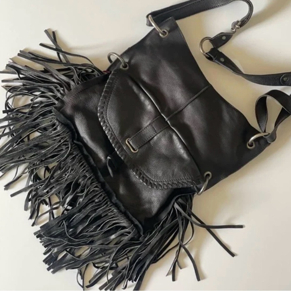 Cut N Paste  Black Fringe Crossbody Bag Genuine Leather